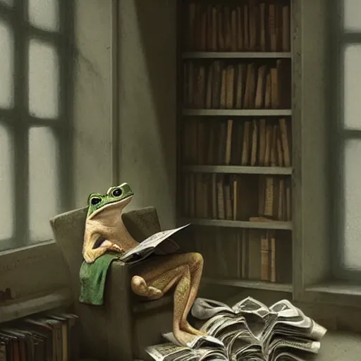 Image similar to A frog reading the newspaper in his armchair in the background books near a window by Greg rutkowski, Trending artstation