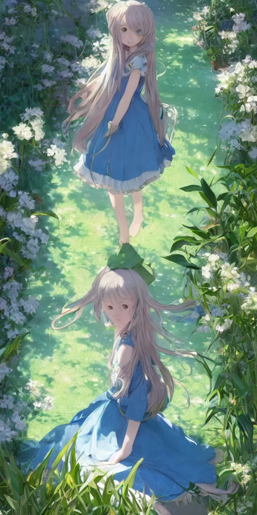 Prompt: a digital art full of atmosphere of a loli with long hair in a dress in the privet garden at after noon, green and warm theme, blue accents, low angle, back lighting, highly detailed, 4 k resolution, trending on art station, by krenz cushart and mucha and akihito yoshida and greg rutkowski and makoto shinkai