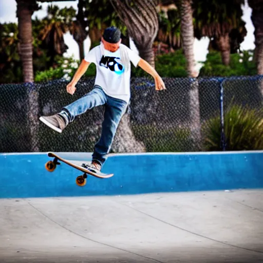 Image similar to skater wearing nike sb dunks doing a kickflip at the venice beach skatepark