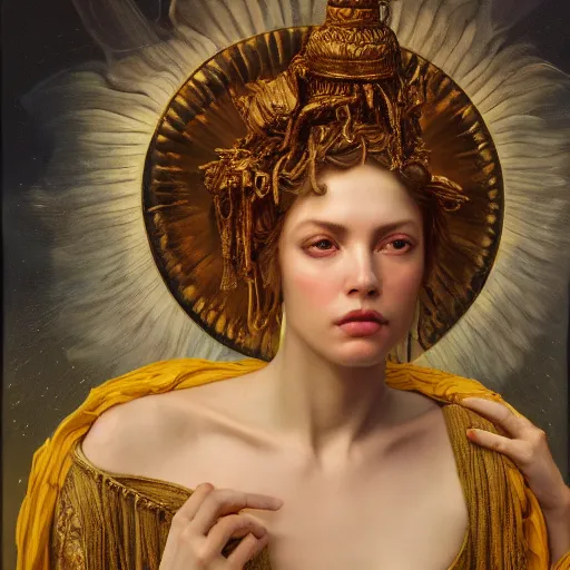 Image similar to highly detailed oil painting | very intricate | cinematic lighting | award - winning | the beautiful angel of the sun wearing a flowing toga | by roberto ferri, by tom bagshaw, by j. c. leyendecker and klimt, beautiful cinematic light, american romanticism, by austin osman spare, artstation, cgsociety, official art, octane