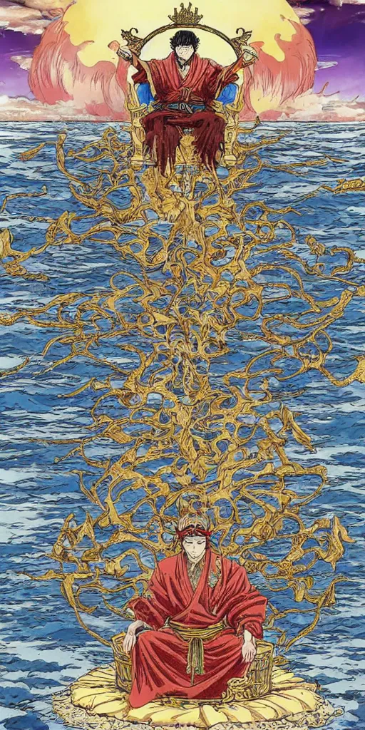 Image similar to a lone emperor sitting on a throne floating on water in the middle of a lake drawn by Makoto Yukimura in the style of Vinland saga anime, full color, detailed, psychedelic