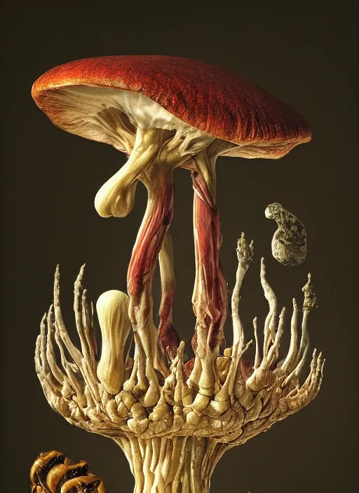 Image similar to magic mushroom with translucent skin, visible muscles and veins and arteries and bones and spines and nerves, beautiful detailed intricate insanely detailed octane render, 8k artistic photography, photorealistic, chiaroscuro, by David Cronenberg, Raphael, Caravaggio