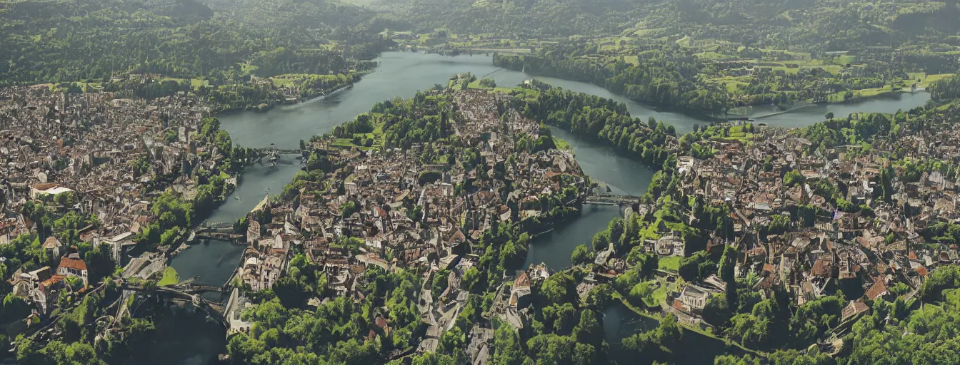 Image similar to Photo of Zurich, looking down the river at the lake and the alps, Hardturm, Grossmünster, wide angle, trees, volumetric light, hyperdetailed, green water, artstation, cgsociety, 8k