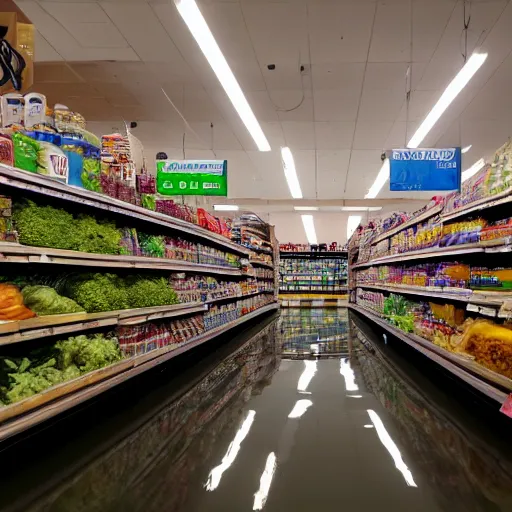 Image similar to photo of a grocery store interior, the floor is flooded with one meter deep water. eerie, volumetric lighting. highly - detailed 4 k