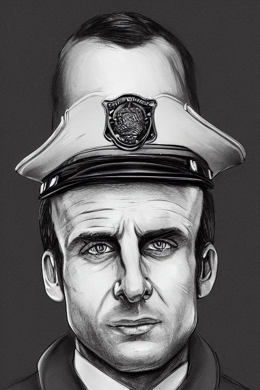 Image similar to policeman emmanuel macron, highly detailed, digital art, sharp focus, trending on art station