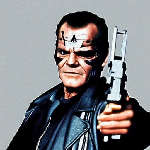 Image similar to Jack Nicholson plays Terminator, wearing leather jacket, red eye, VFX film