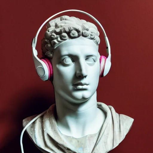 Prompt: vaporwave style photo of a roman bust wearing headphones listening to music