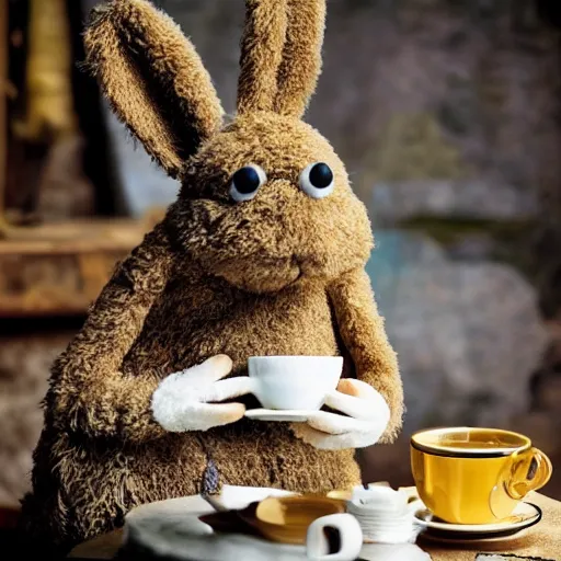 Image similar to a fluffy brown rabbit muppet wearing monk garb and holding a wolf skull mask and sat beside a cup of tea, photorealistic, nature, photography, national geographic, sesame street