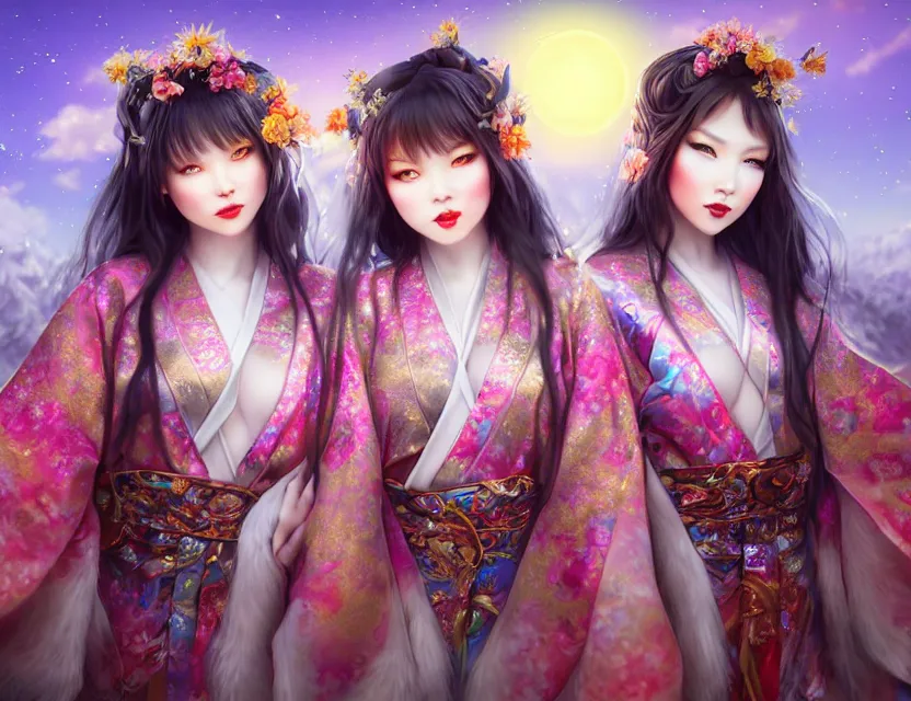 Image similar to two beautiful alluring siberian girls wear fantasy kimono in festival | | sunny night, full moon, dreamlike art, realistic shaded, smile, good looking, hyper details, 4 k realistic, cryengine, realistic shaded lighting poster by artgerm, ross tran, fuji choko, 8 k resolution, trending on artstation, luxury