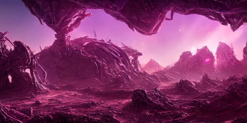 Image similar to alien landscape, ruined alien structures, glowing purple, beautiful, solarpunk, trending on artstation, 8 k, high detail, by shrimbly flingleston