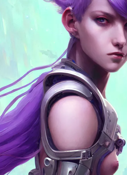 Prompt: close up pale woman, purple hair, in rusty sci - fi bionic armor, looking at the camera very intensely, stoic, sparkling eyes, extremely beautiful and aesthetic and attractive detailed face and body, intricate, chiaroscuro, model pose, fantasy illustrations, light novel cover art, by makoto shinkai and jeremy lipking and ferdinand knab