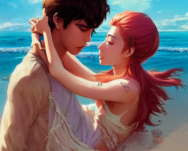 Image similar to a cinematic boy girl traditional romance moment, exploring the beach boho clothing, full body illustration,bestselling movie art poster, official media, 1970s fashion, official anime media, incredible art by artgerm and greg rutkowski and doja cat