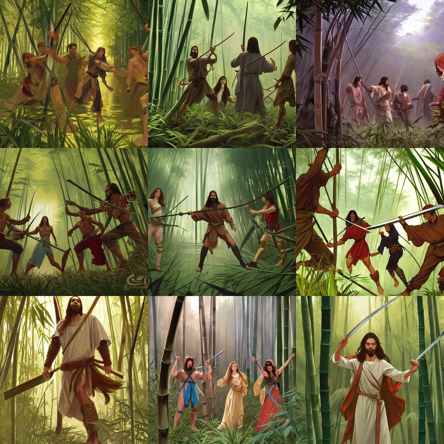 Prompt: Jesus swordfighting a group of ninja in a bamboo forest, cinematic lighting, highly detailed, digital painting, artstation, concept art, smooth, sharp focus, illustration, art by Terry Moore and Greg Rutkowski and Alphonse Mucha