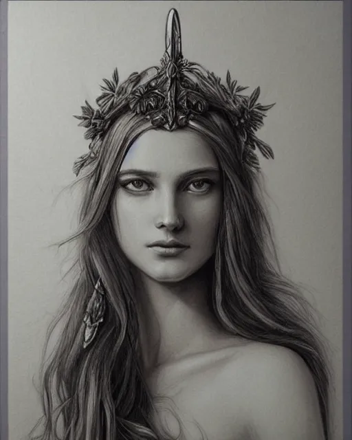 Prompt: long shot realism pencil drawing of the beautiful greek goddess aphrodite wearing a laurel wreath and arrowhead earrings, beautiful confident eyes, beautiful flowing hair, white god eyes, hyper realistic face, in the style of greg rutkowski, fantasy, amazing detail, epic, elegant, smooth, sharp focus, from the front