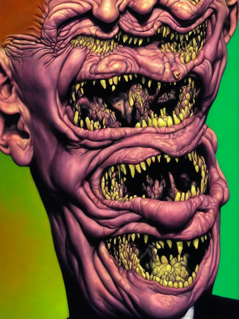Prompt: hyper realistic painting, head of mark e smith from the fall laughing maniacally, outer glow, by richard corben, lisa frank, simon bisley and chuck close, very intense, depth of field, depth perception, hyperdetailed, rich deep vivid colours, sharp focus, directional lighting