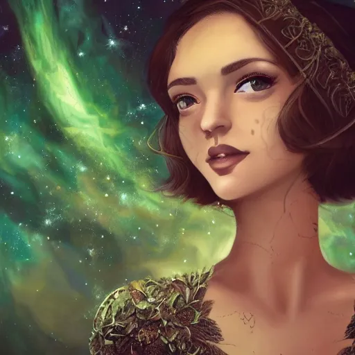 Prompt: a photo of a young woman with short brown hair, an intricate dress, and green eyes, floating in space, trending on artstation