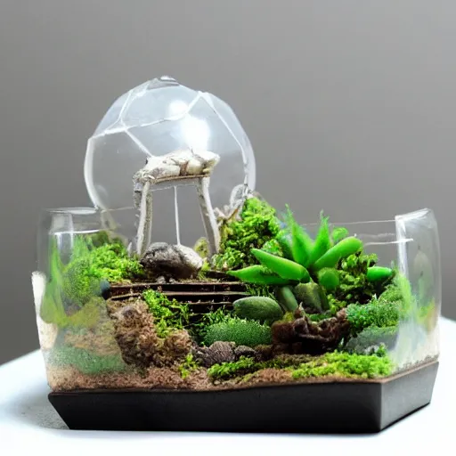 Prompt: a terrarium with nuclear reaction having meltdown diorama inside on top of a minimalist table, lit from the side