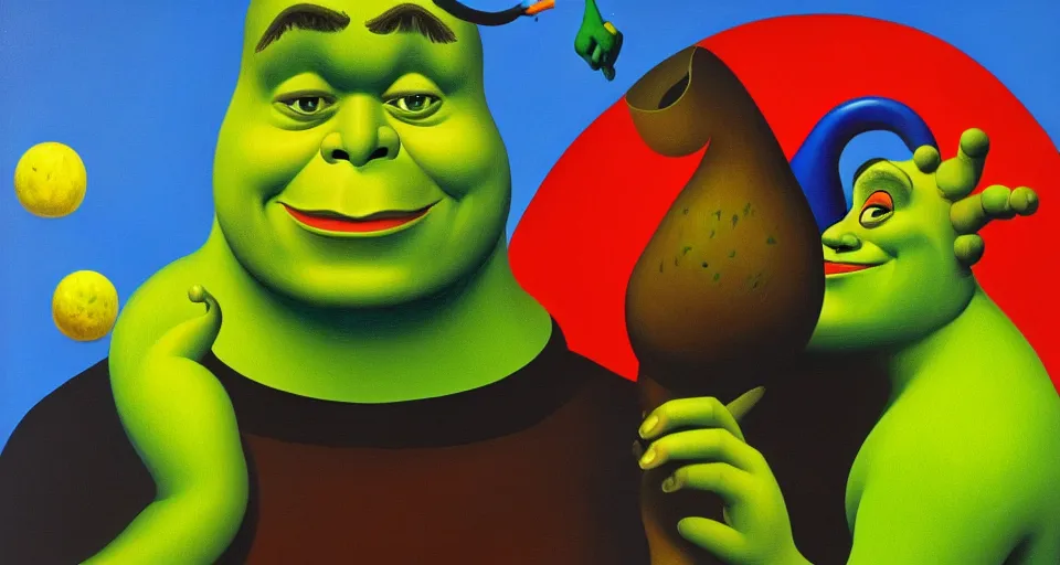 Prompt: a surrealist painting of shrek by alexandr archipenko and rene magritte and joan miro, 4 k, trending on artstation, detailed, wallpaper background, film still