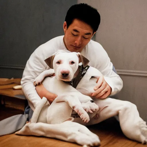 Image similar to portrait of tired white pitbull puppy curled up on a japanese man's lap, highly detailed, cozy aesthetic, fukaya yuichiro