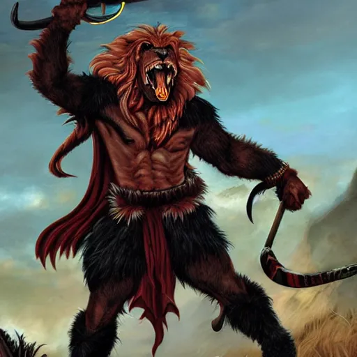 Image similar to a tiefling lion - man barbarian with black fur and red eyes, wielding a greatsword, high quality digital painting by larry elmore and jeff easley