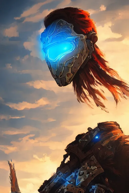 Image similar to combination suit armor aloy horizon forbidden west horizon zero dawn radiating a glowing aura global illumination ray tracing hdr fanart arstation by ian pesty and alena aenami artworks in 4 k tribal robot ninja mask helmet backpack