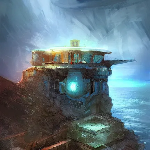 Image similar to sci fi house on a cliff above the coast, digital painting by Angrymikko, warm lighting, concept art