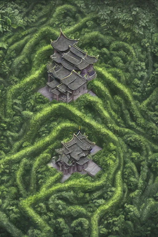 Prompt: giant ancient chinese castle in an forest with some ivy plants on the walls, by zhang zeduan, qiu ying, tang yin, cinematic, epic, dramatic lighting from above, dark, vines, fantasy, dust, unreal engine, octane, highly detailed, concept art, dark, super realistic