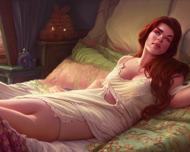 Image similar to Shrek lying on the bed in sleepwear, summertime, fantasy, intricate, elegant, highly detailed, digital painting, artstation, concept art, matte, sharp focus, illustration, hearthstone, art by Artgerm and Greg Rutkowski and Alphonse Mucha