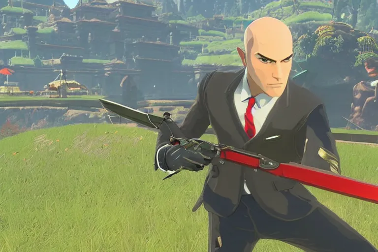 Image similar to hitman agent 4 7 holding master sword in botw, breath of the wild screenshot