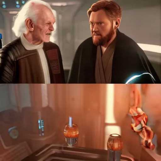 Image similar to star wars palpatine and obi wan drin beer in a sci - fi bar, movie still, screenshot, photorealistic painting, fanart, highly detailed