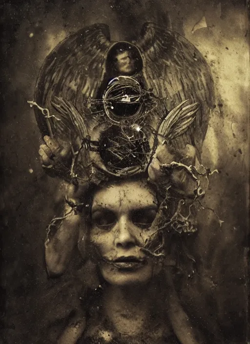 Prompt: old wetplate daguerreotype demons, devil, pain, anger, desolation, angel, explosion of data fragments, fractal, intricate, elegant, highly detailed, parallax, leica, medium format, subsurface scattering, by jheronimus bosch and greg rutkowski and louis jacques mande daguerre, brom