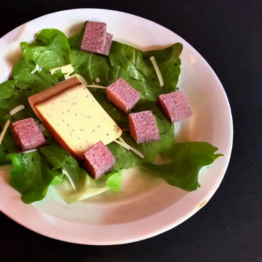 Image similar to michelin star spam and limburger cheese salad