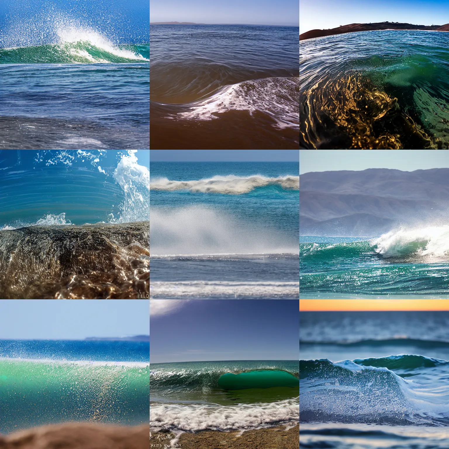 Prompt: small perfect wave breaking in shallow clear water directly in front of viewer, hollister ranch, offshore winds, kelp, islands on horizon