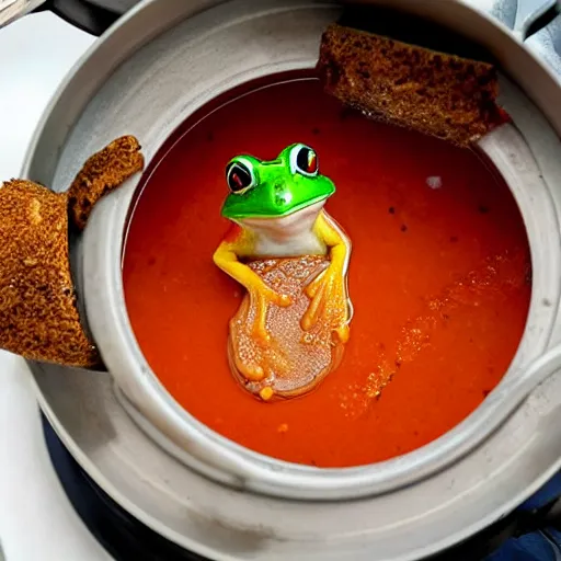 Prompt: a frog emerging from a pot of tomato soup, frog soup, recipe photo