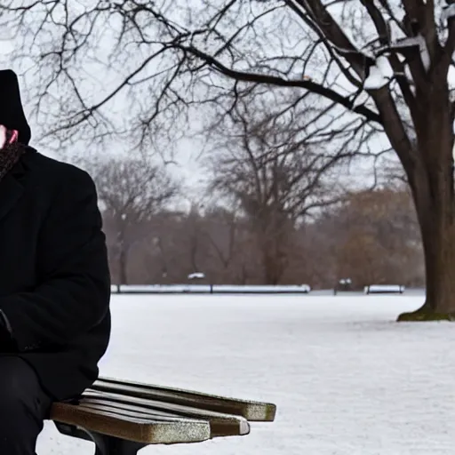 Prompt: Kevin Malone wearing a black ushanka hat and black wool overcoat sitting on a park bench during the winter