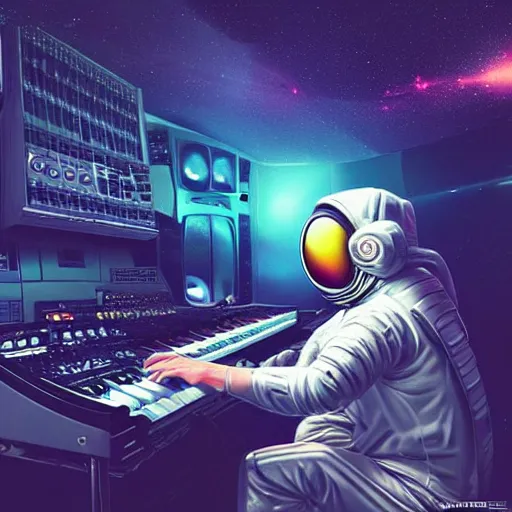 Image similar to an astronaut, using a synthesizer in a music studio, [ floating ]!!, synthwave art style, trending on cgsociety, golden ratio!!!, centered!!!