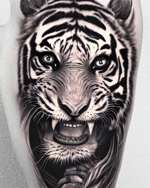 Image similar to a tiger girl tattoo, hyper realistic, hyper detailed, by eliot kohek