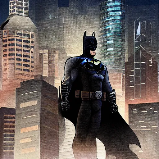 Prompt: a digital painting of batman standing on the city roof by friendly robot ， trending on artstation