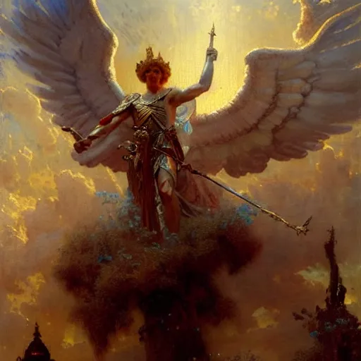Prompt: saint michael the angel, guarding the world from evil. highly detailed painting by gaston bussiere, greg rutkowski 8 k