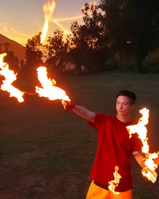 Prompt: photograph, squidward wearing fire nation clothing and practicing firebending outside at susnset