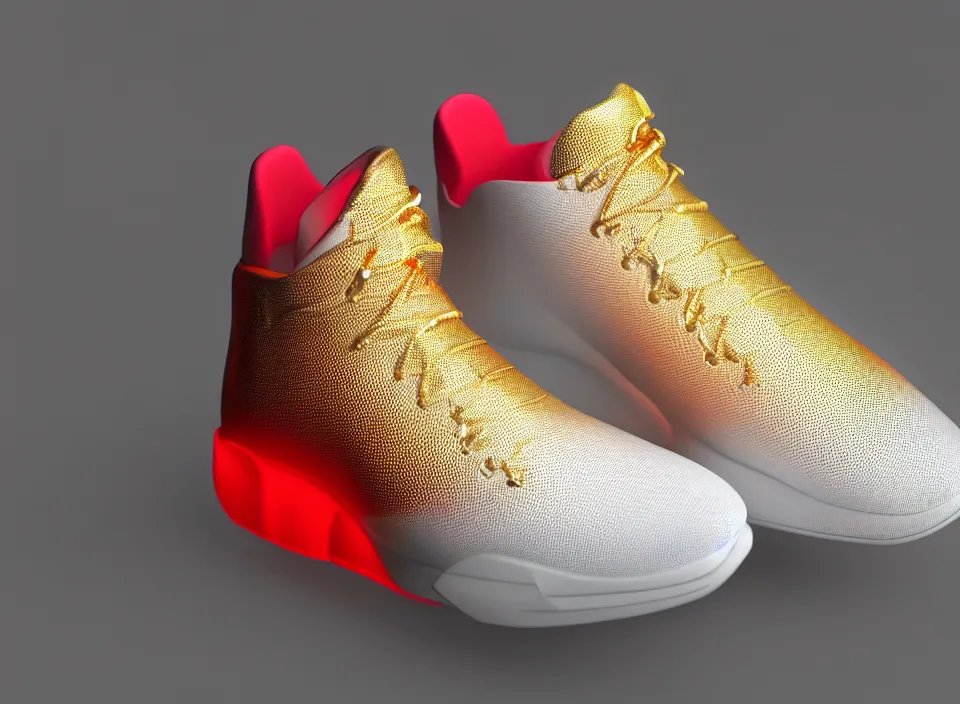 Image similar to realistic 3 d render of a futuristic sneaker, beautiful studio lighting, soft, sharp focus, neon glowing lines, intricate detail, gold and red leather, soft white rubber, shiny plastic, hexagon mesh, gold filigree, octane render, side view, close up, trending on artstation, deviantart, nike, adidas, reebok, salomon