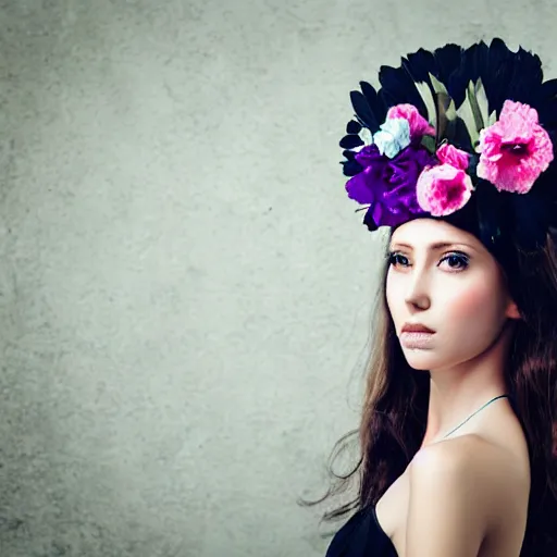 Image similar to a beautiful portrait of a female model with flower headpiece for photoshoot, photography