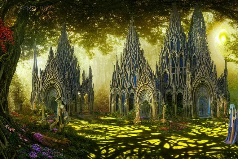 Prompt: a beautiful and highly detailed digital painting of a celtic elven cathedral in a beautiful garden in a mystical forest, intricate celtic patterns, intricate psychedelic details, epic scale, insanely complex, cgsociety, 8 k, sharp focus, hyperrealism, by alex grey, caspar friedrich, albert bierstadt, james gurney, brian froud,