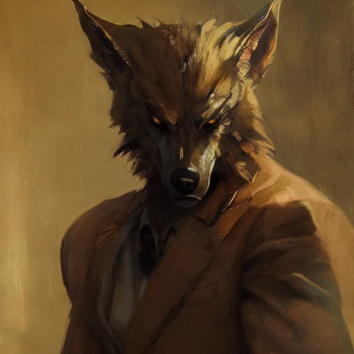 Prompt: werewolf wearing a suit by ruan jia, portrait