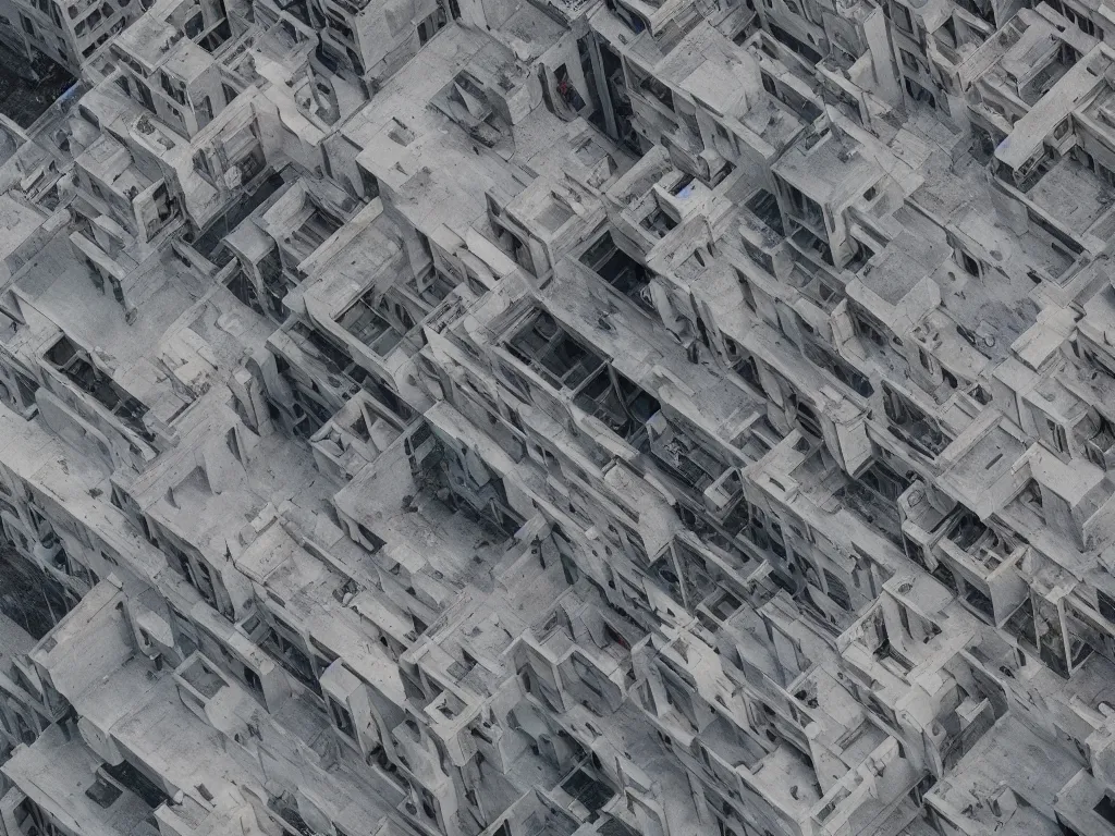 Image similar to drone view of a Brutalist concrete architecture, sharp focus, detailed architecture, telephoto lens, photorealism, digital art 4k