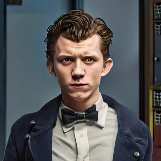 Image similar to tom holland as a rough dirty old man with a scruffy beard in a dark blue trenchcoat as the new doctor who, cinematic, volumetric lighting, f 8 aperture, cinematic eastman 5 3 8 4 film, photorealistic