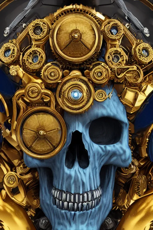 Prompt: hyperrealistic 3d render ultra detailed of a skull, art deco, steam punk, intricate gears details, hyperrealistic, Volumetric lighting, ultra detailed, elegant, octane render, blue and gold, 8k, trending on Artstation, unreal engine