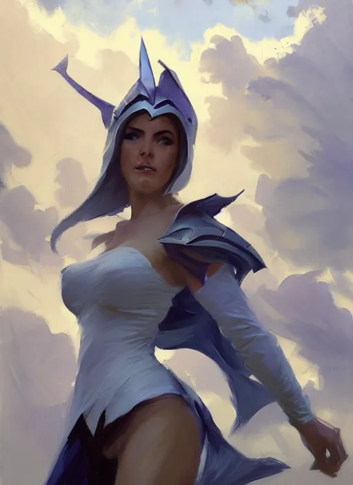 Image similar to Greg Manchess painting of Syndra from League of Legends, countryside, calm, fantasy character portrait, dynamic pose, above view, sunny day, thunder clouds in the sky, artwork by Jeremy Lipkin and Giuseppe Dangelico Pino and Michael Garmash and Rob Rey, very coherent asymmetrical artwork, sharp edges, perfect face, simple form, 100mm