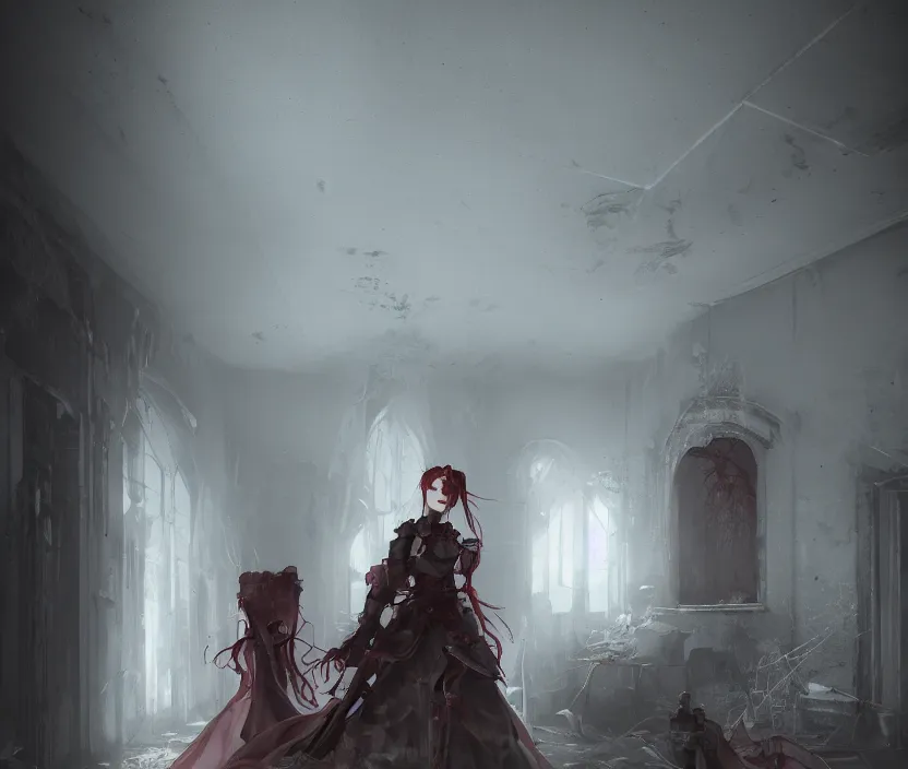 Image similar to imperial princess knight gothic girl standing on an abandoned hospital room with red ceiling lighting and several blue lights on the walls, gloomy and foggy atmosphere, octane render, artstation trending, horror scene, highly detailded