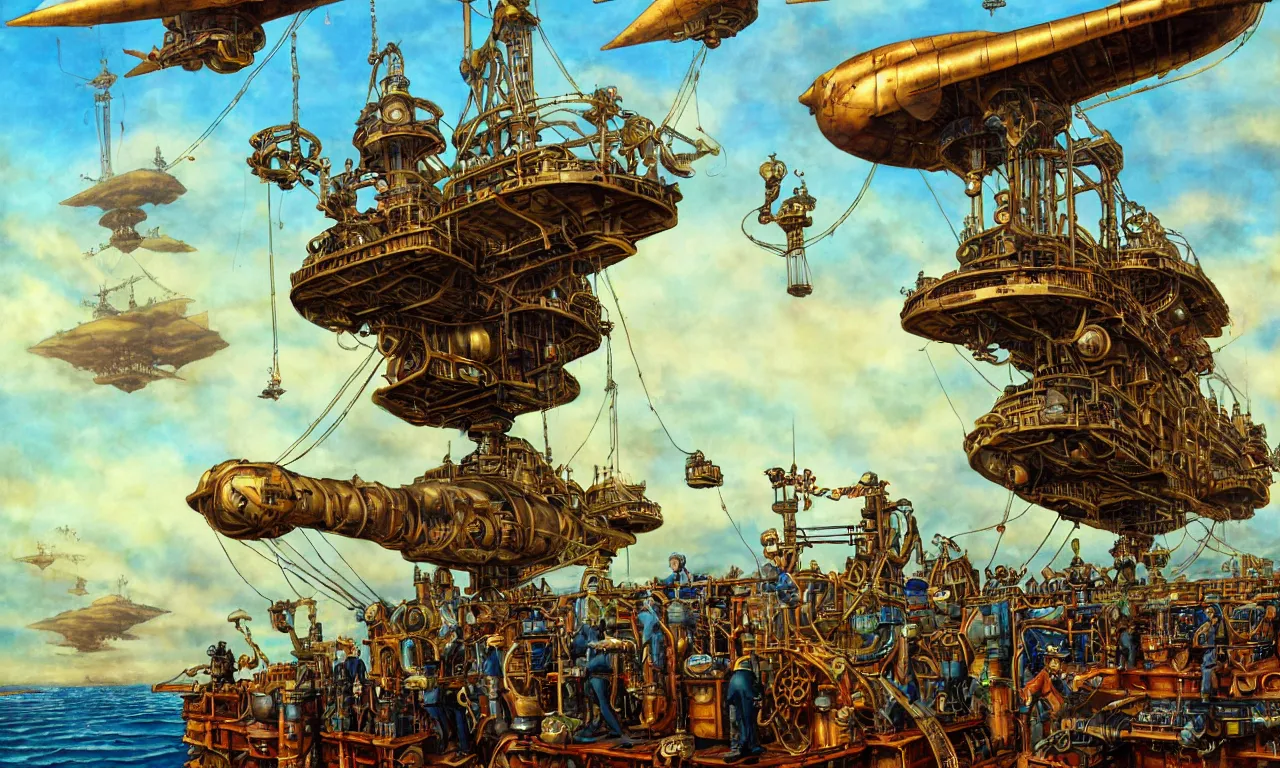 Image similar to close up of a gentleman navigator standing on deck of his steampunk airship flying over a vast ocean of a very large language model, observing giant flying robot harvesters collecting data relations in the background, painted by josh kirby, ligne claire, very detailed and colorful, low light